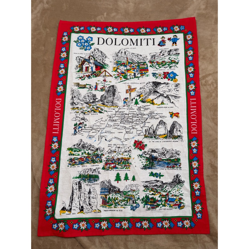 Vintage Dolomiti Italy Souvenir Tea Towel Map Textile Red Floral Border 33x22.5